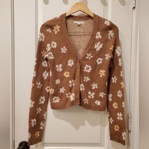 American Eagle V-Neck Brown Floral Crop Sweater Size Small